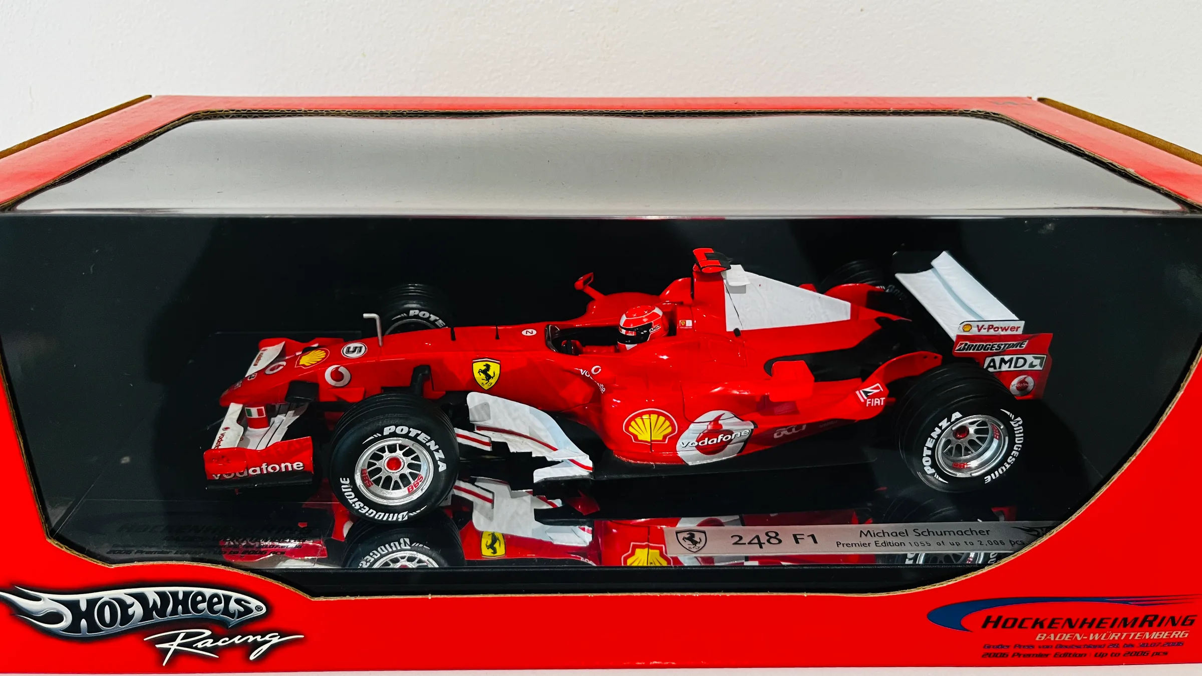 Hot Wheels 1:18 Ferrari 248 F1, M. Schumacher — the model in its box, edition number visible