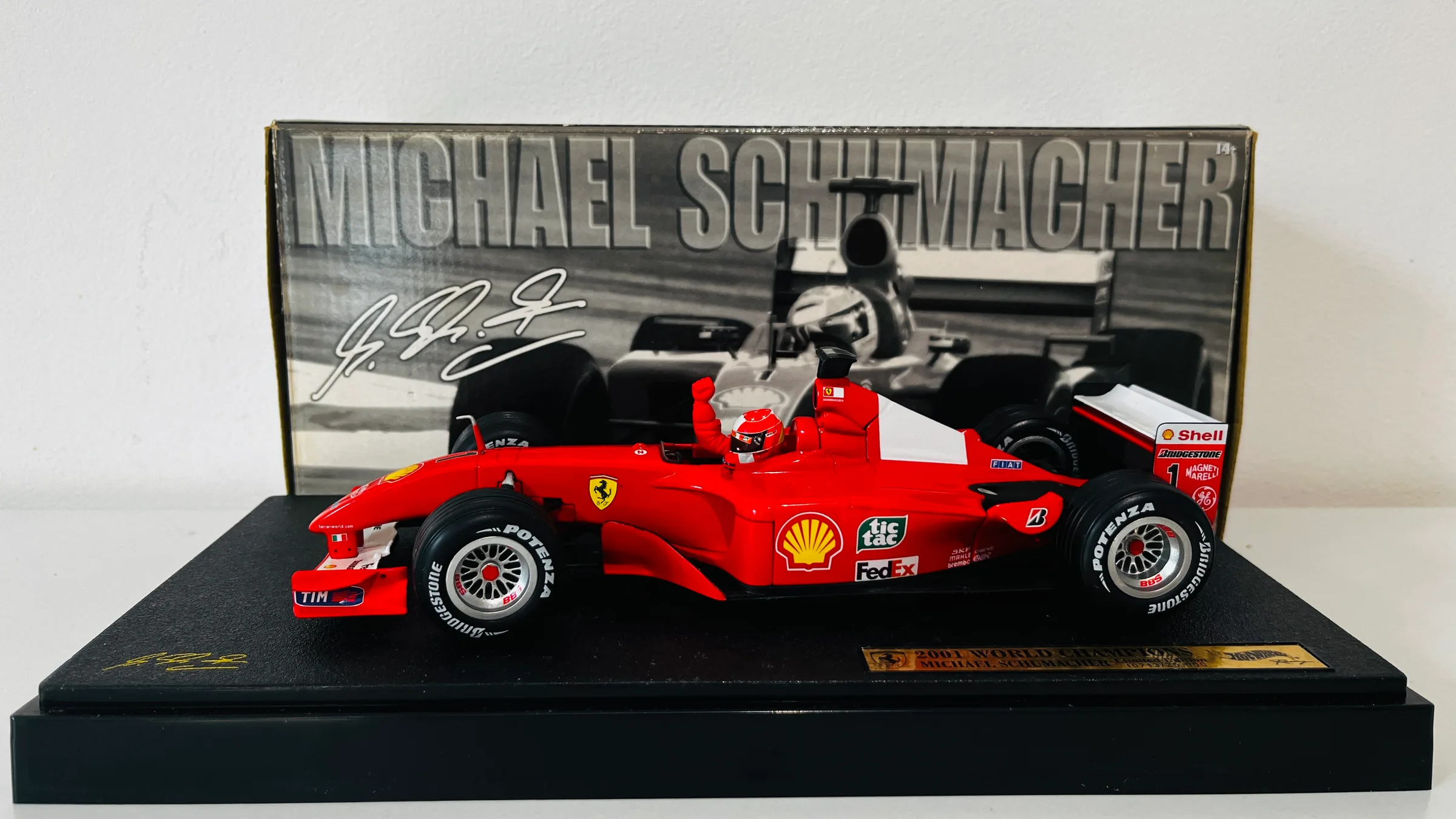 Ferrari F2001 — Michael Schumacher, World Champion 2001 display box, Hot Wheels Racing 1:18 — photo 1
