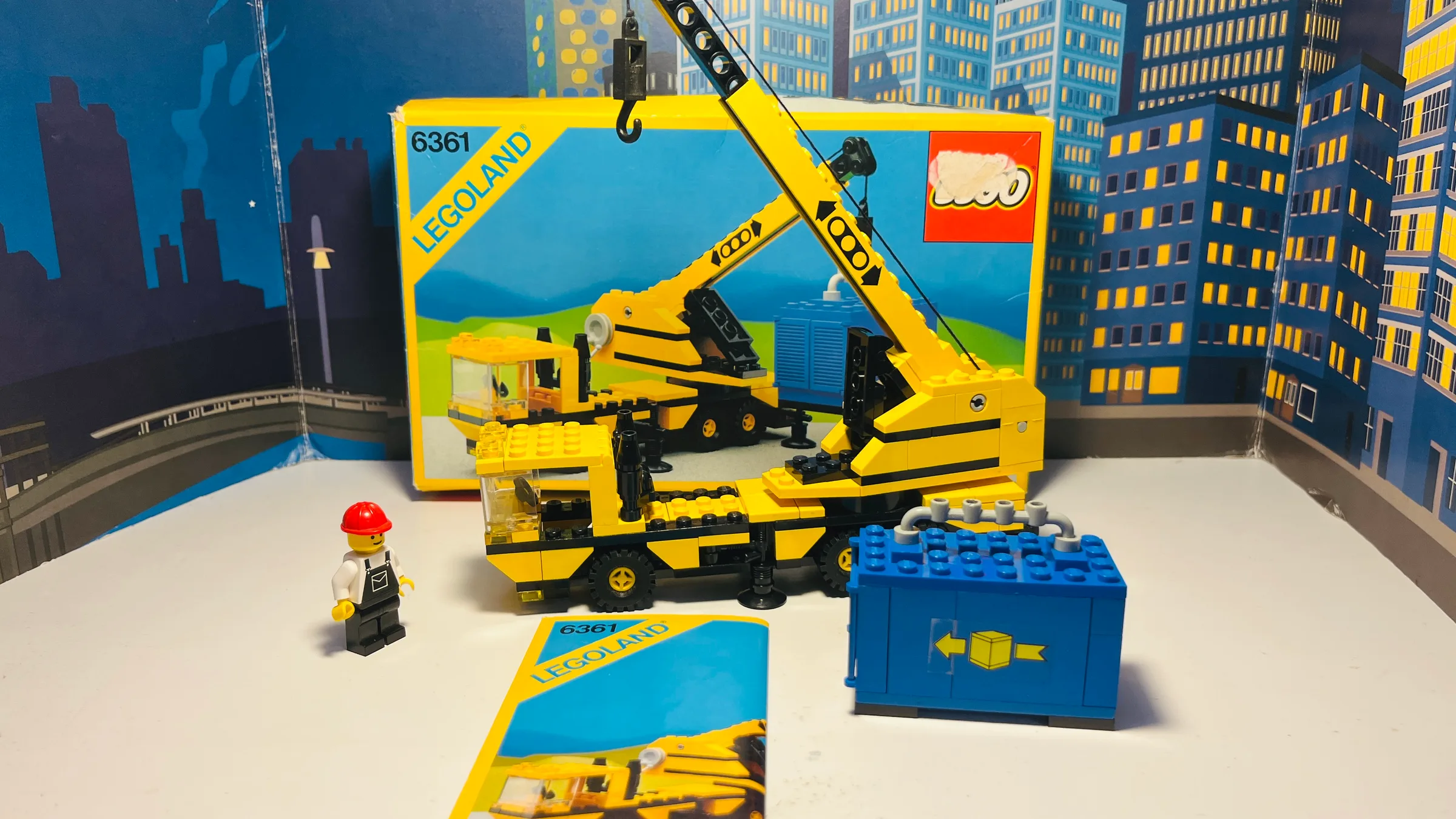 LEGO 6361 Mobile Crane — the original box, the instruction booklet and the built crane truck with its container and minifigure